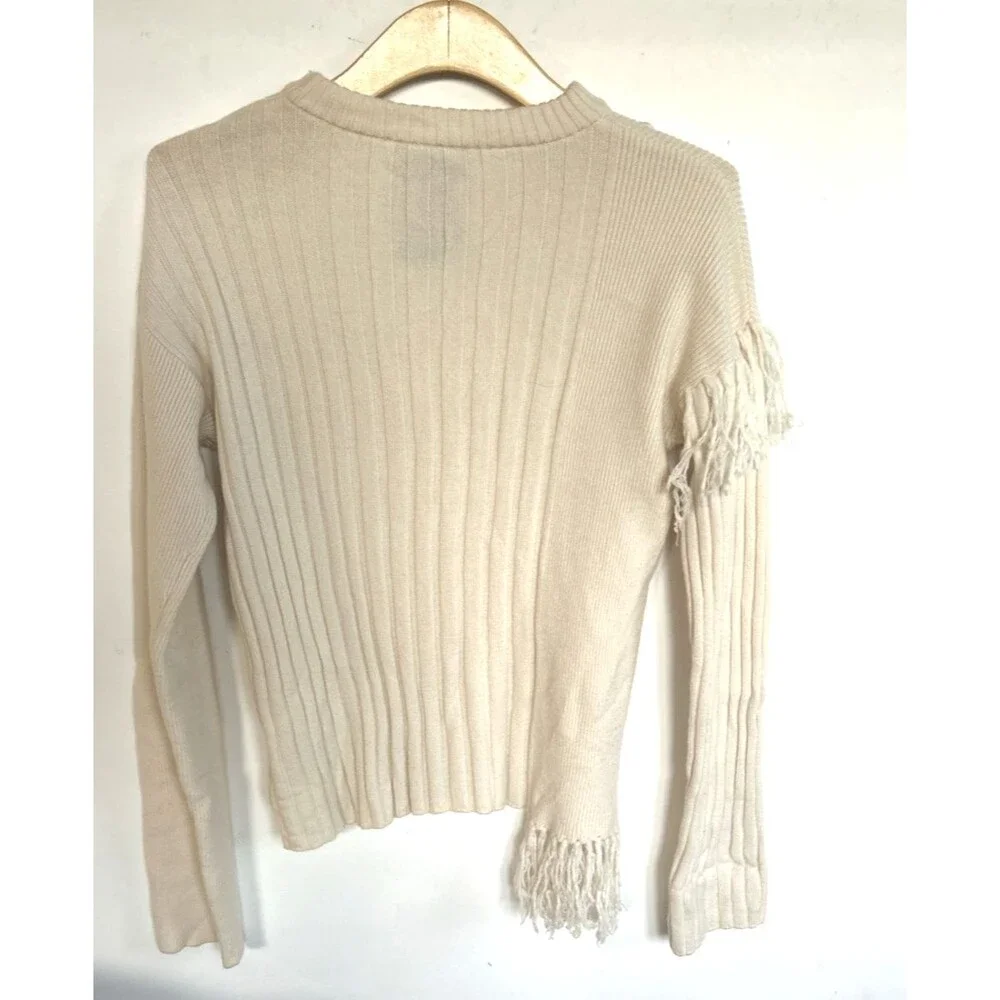 Xu Zhi x Fabrique Ivory Ribbed Knit Asymmetric Fringe Crewneck Wool Sweater Sz S